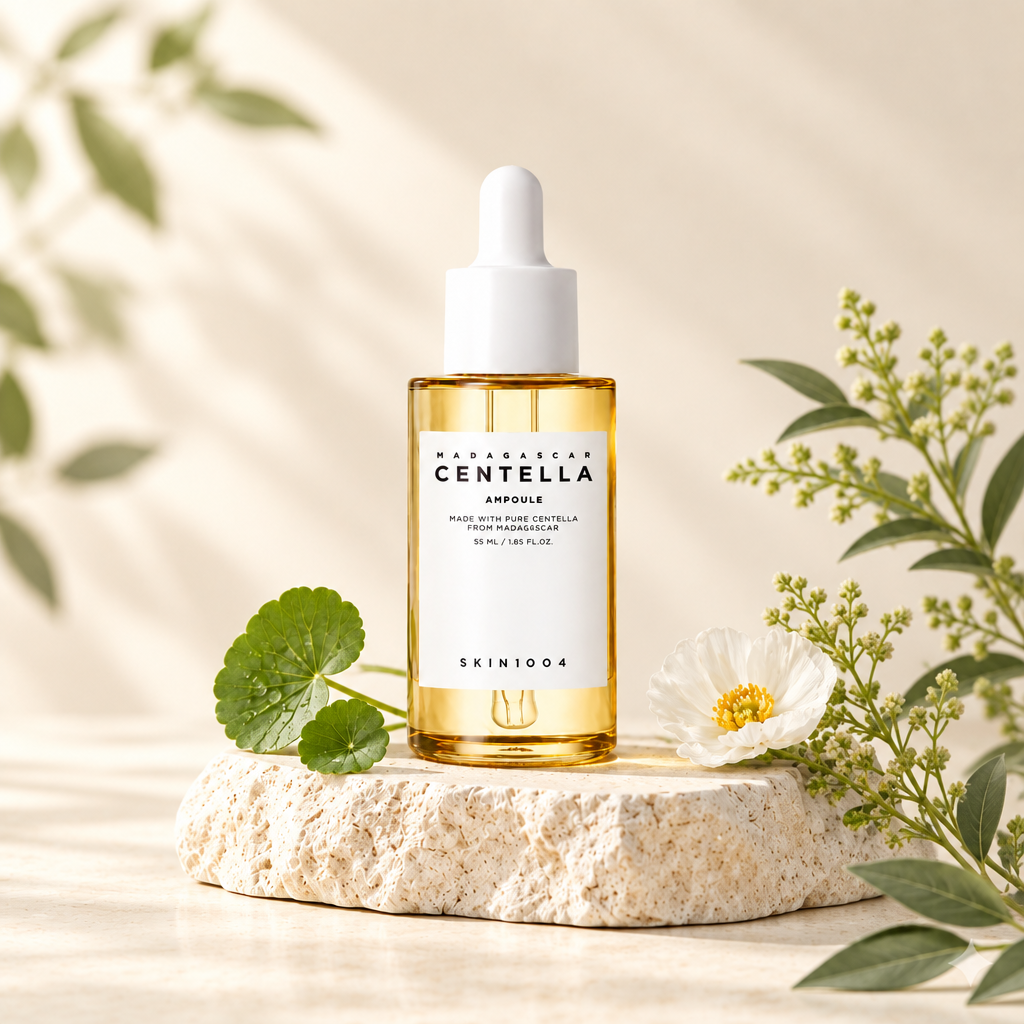 Sérum de centella asiática SKIN1004 centrado sobre una base de piedra clara, con hojas verdes y flores blancas