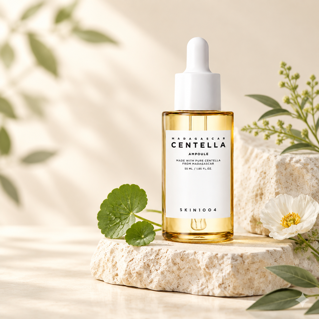 Sérum de centella asiática SKIN1004 sobre una base de piedra clara con hojas verdes y flores blancas